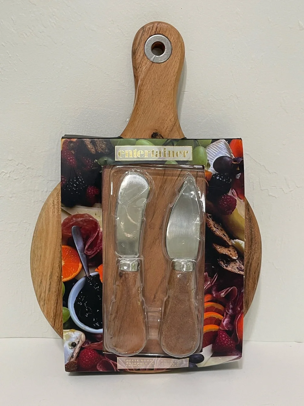 Entertainer Acacia Wood Cheese Board Knife Set Spade & Spreader 7